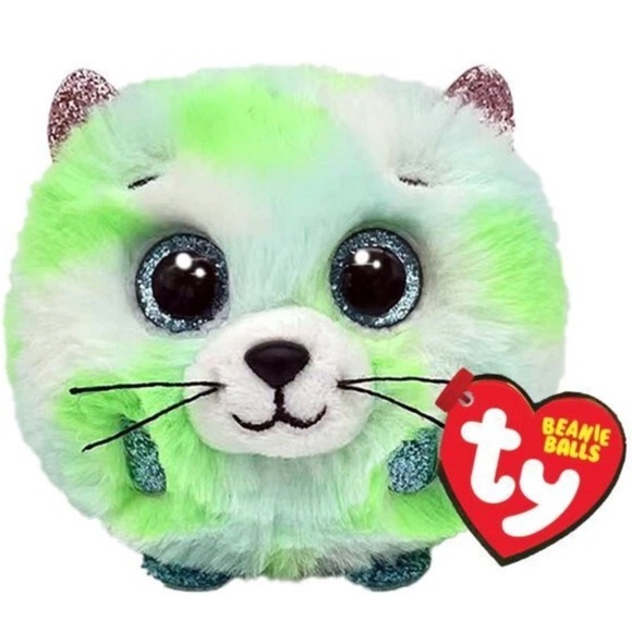 Ty Puffies (Beanie Balls) - EVIE the Green Cat (4 inch) Plush Toy - Picture 1 of 5